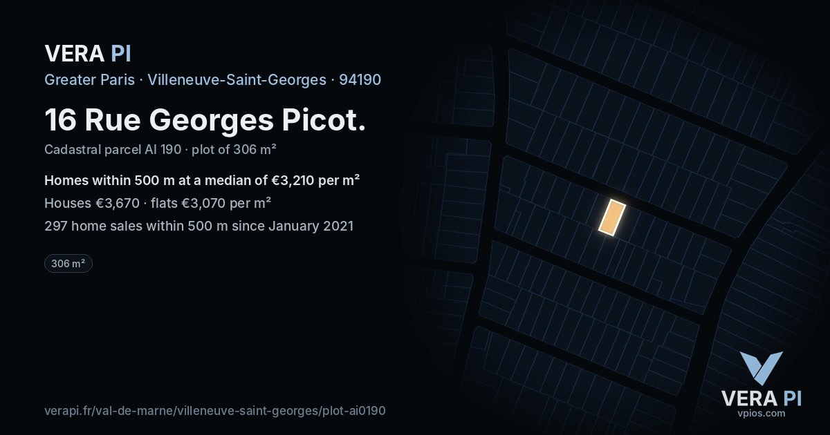 16 Rue Georges Picot, Villeneuve-Saint-Georges at night – the plot lit, the parcels around coloured by the prices near them