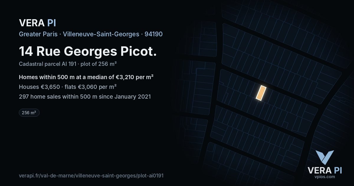14 Rue Georges Picot, Villeneuve-Saint-Georges at night – the plot lit, the parcels around coloured by the prices near them