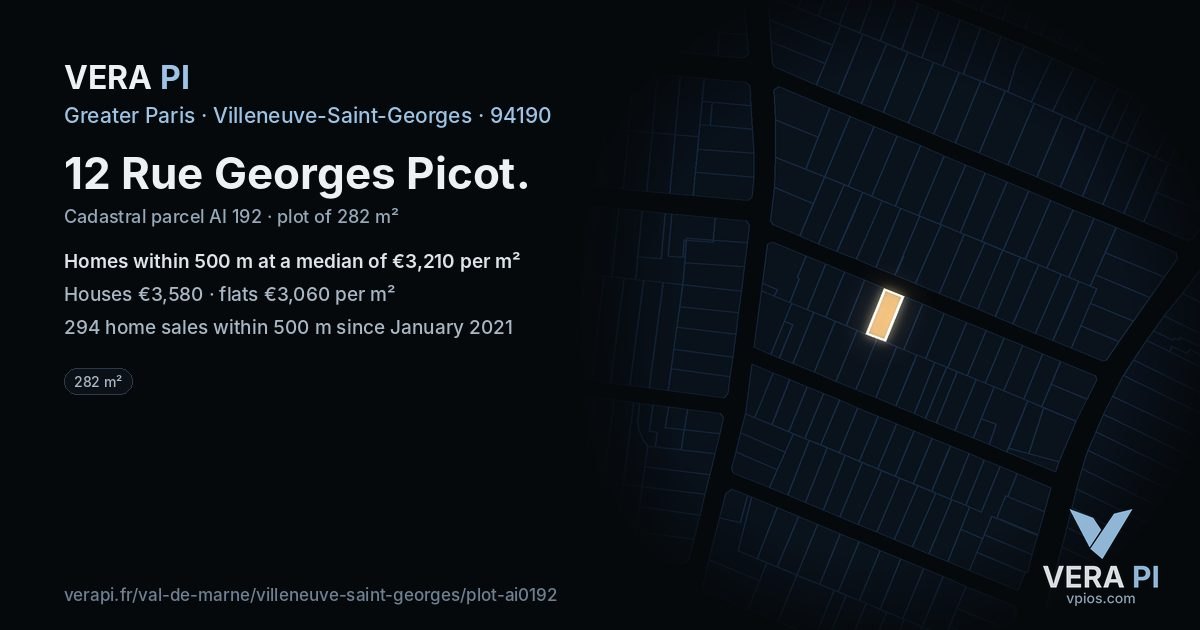 12 Rue Georges Picot, Villeneuve-Saint-Georges at night – the plot lit, the parcels around coloured by the prices near them