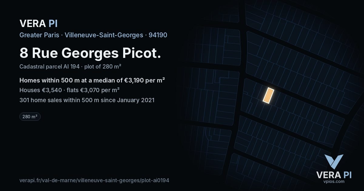8 Rue Georges Picot, Villeneuve-Saint-Georges at night – the plot lit, the parcels around coloured by the prices near them
