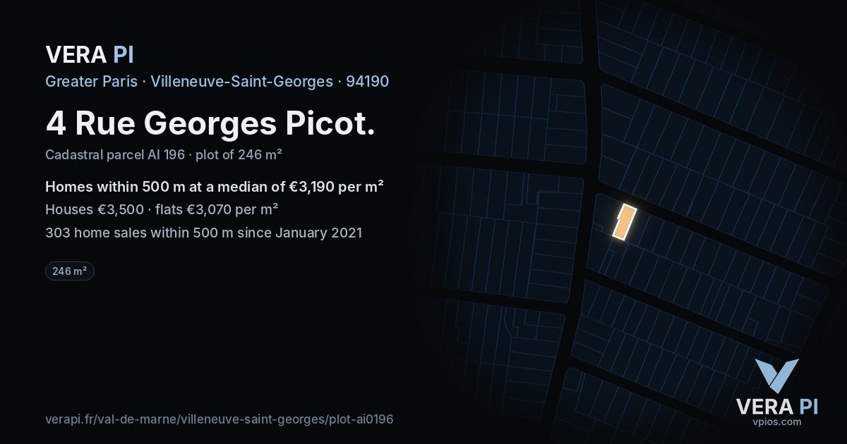 4 Rue Georges Picot, Villeneuve-Saint-Georges at night – the plot lit, the parcels around coloured by the prices near them