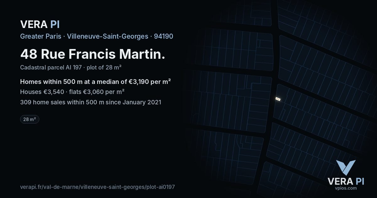 48 Rue Francis Martin, Villeneuve-Saint-Georges at night – the plot lit, the parcels around coloured by the prices near them
