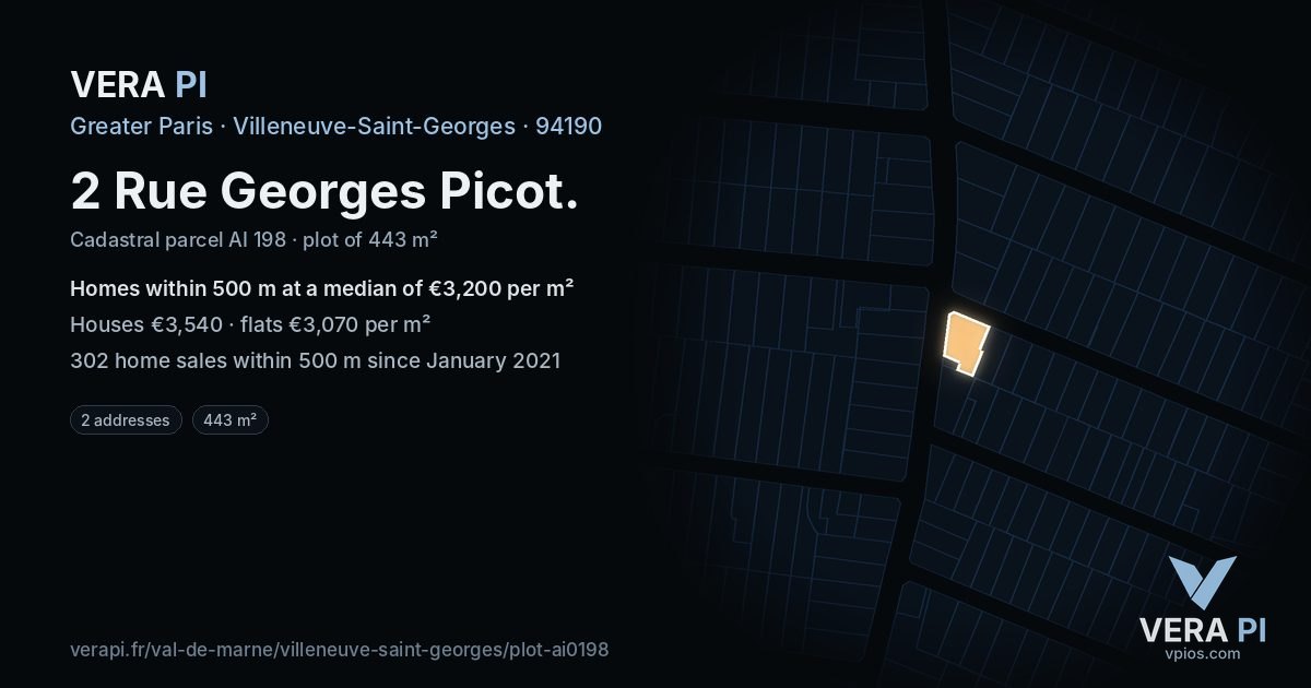 2 Rue Georges Picot, Villeneuve-Saint-Georges at night – the plot lit, the parcels around coloured by the prices near them