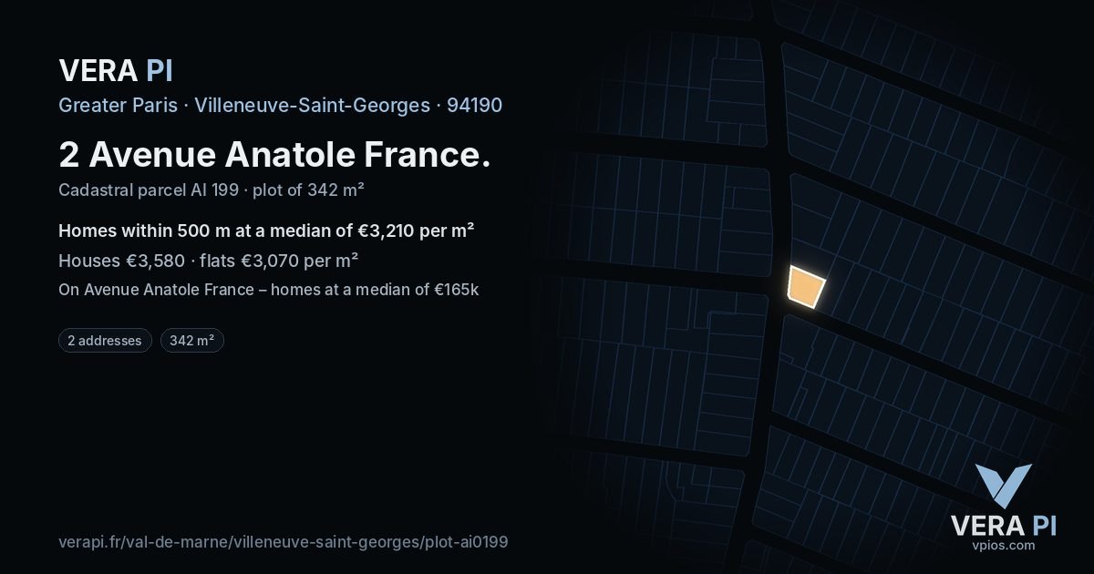 2 Avenue Anatole France, Villeneuve-Saint-Georges at night – the plot lit, the parcels around coloured by the prices near them