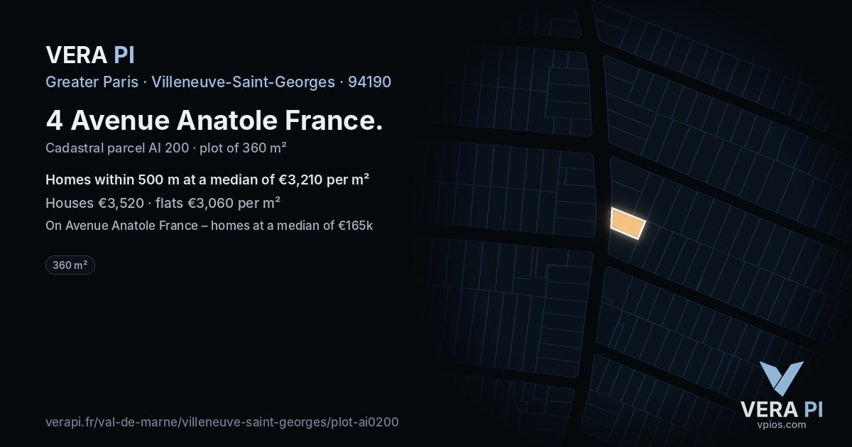 4 Avenue Anatole France, Villeneuve-Saint-Georges at night – the plot lit, the parcels around coloured by the prices near them