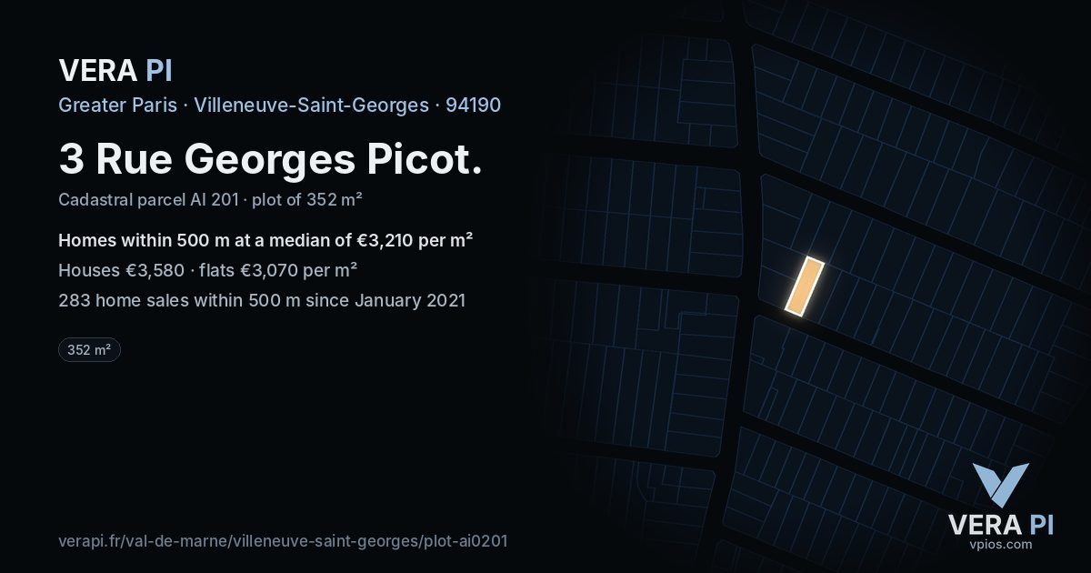 3 Rue Georges Picot, Villeneuve-Saint-Georges at night – the plot lit, the parcels around coloured by the prices near them