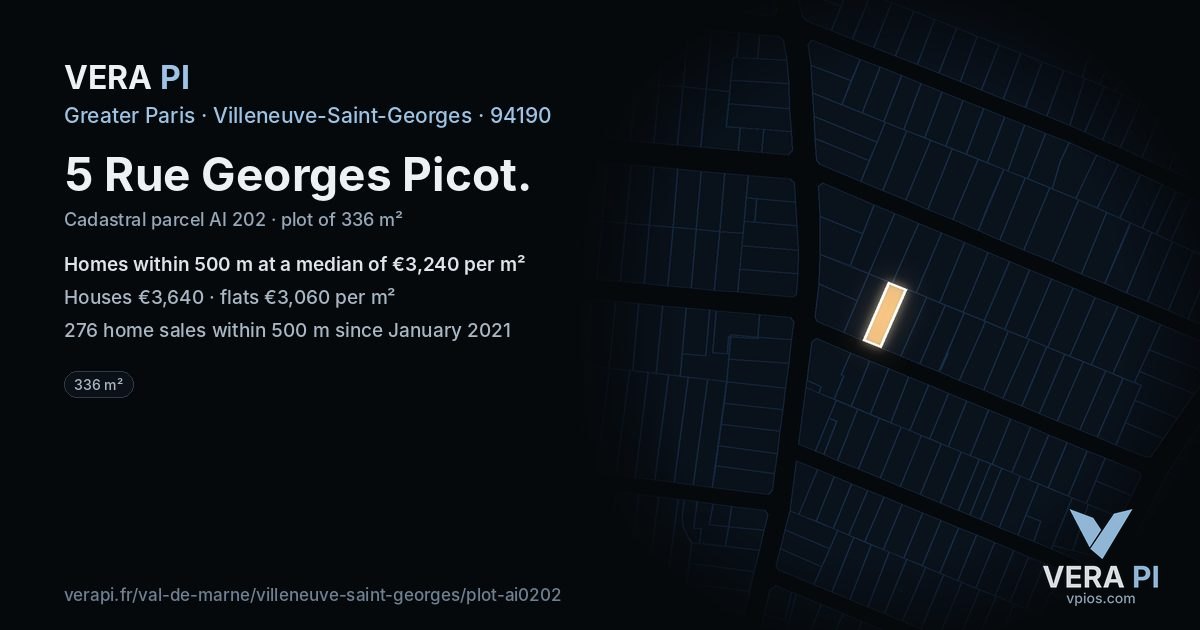 5 Rue Georges Picot, Villeneuve-Saint-Georges at night – the plot lit, the parcels around coloured by the prices near them