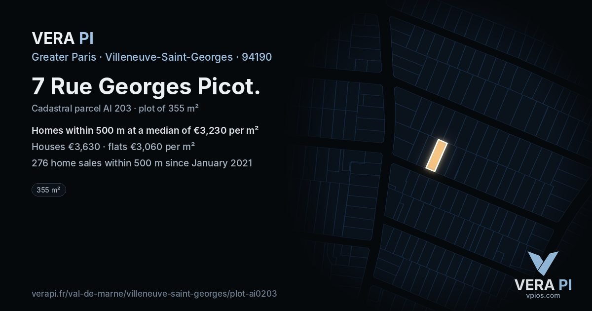 7 Rue Georges Picot, Villeneuve-Saint-Georges at night – the plot lit, the parcels around coloured by the prices near them