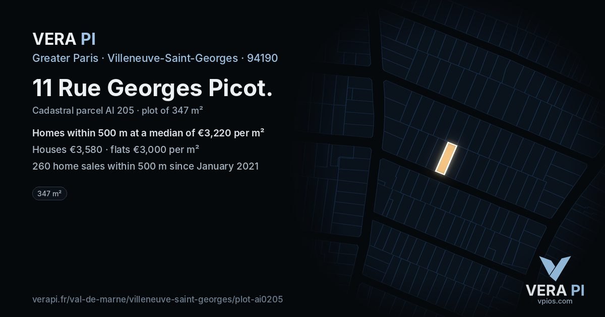11 Rue Georges Picot, Villeneuve-Saint-Georges at night – the plot lit, the parcels around coloured by the prices near them