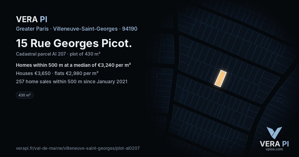 15 Rue Georges Picot, Villeneuve-Saint-Georges at night – the plot lit, the parcels around coloured by the prices near them