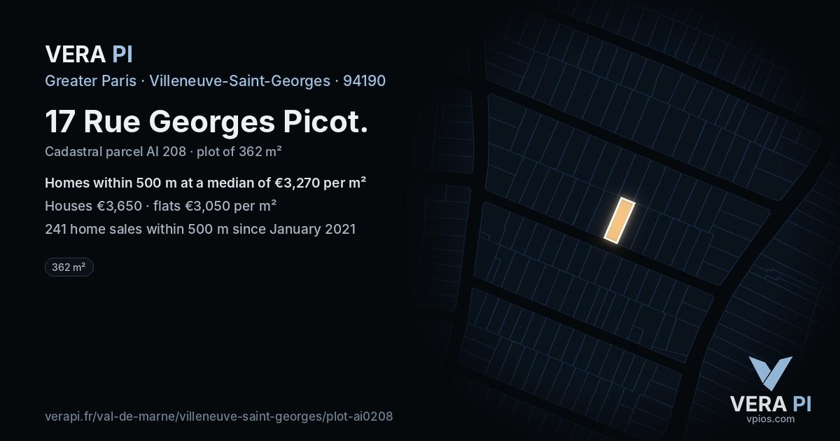 17 Rue Georges Picot, Villeneuve-Saint-Georges at night – the plot lit, the parcels around coloured by the prices near them