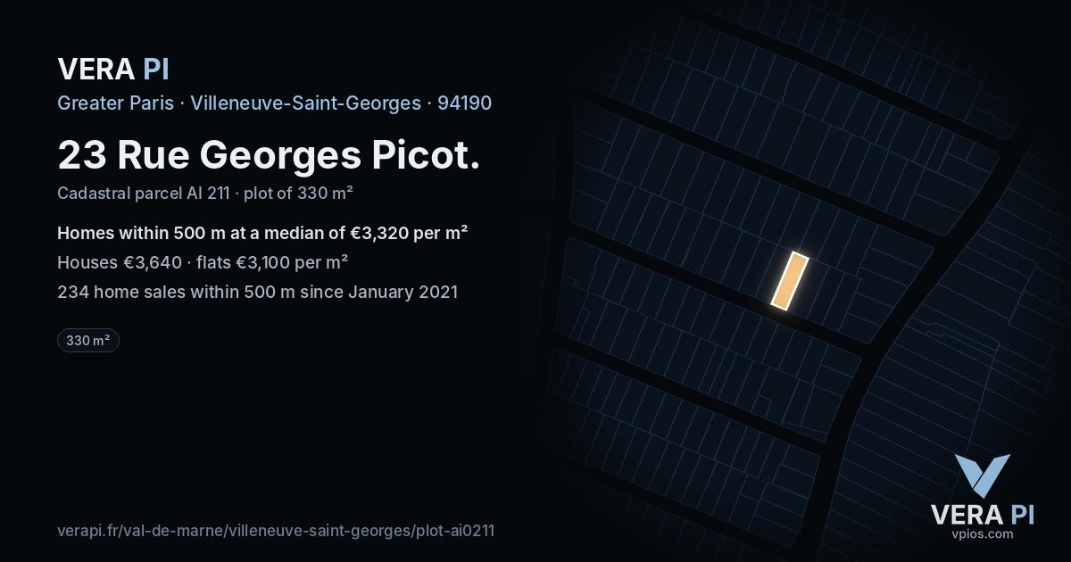 23 Rue Georges Picot, Villeneuve-Saint-Georges at night – the plot lit, the parcels around coloured by the prices near them