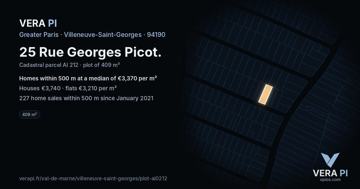 25 Rue Georges Picot, Villeneuve-Saint-Georges at night – the plot lit, the parcels around coloured by the prices near them