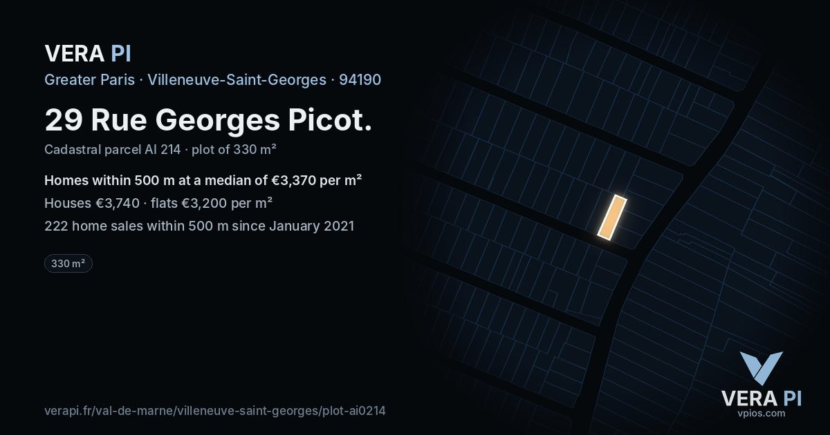29 Rue Georges Picot, Villeneuve-Saint-Georges at night – the plot lit, the parcels around coloured by the prices near them
