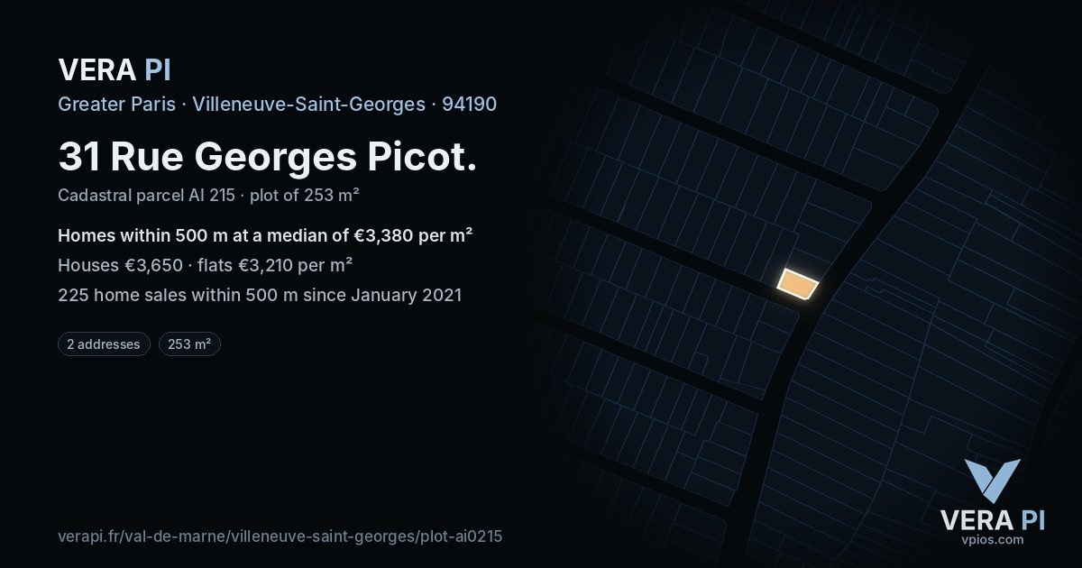 31 Rue Georges Picot, Villeneuve-Saint-Georges at night – the plot lit, the parcels around coloured by the prices near them