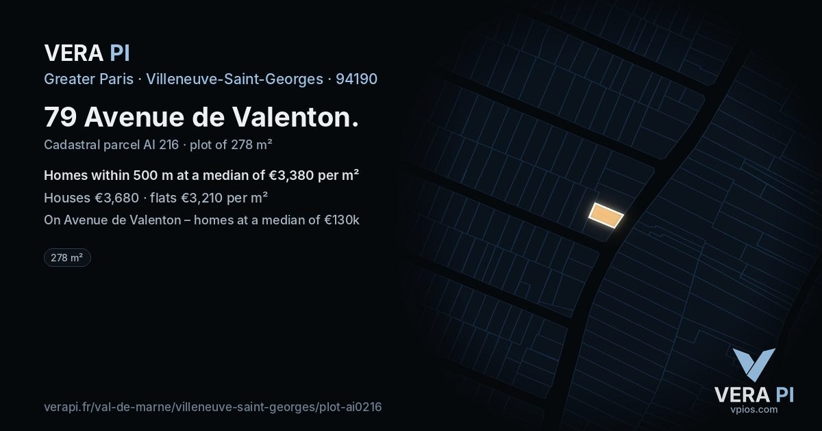 79 Avenue de Valenton, Villeneuve-Saint-Georges at night – the plot lit, the parcels around coloured by the prices near them