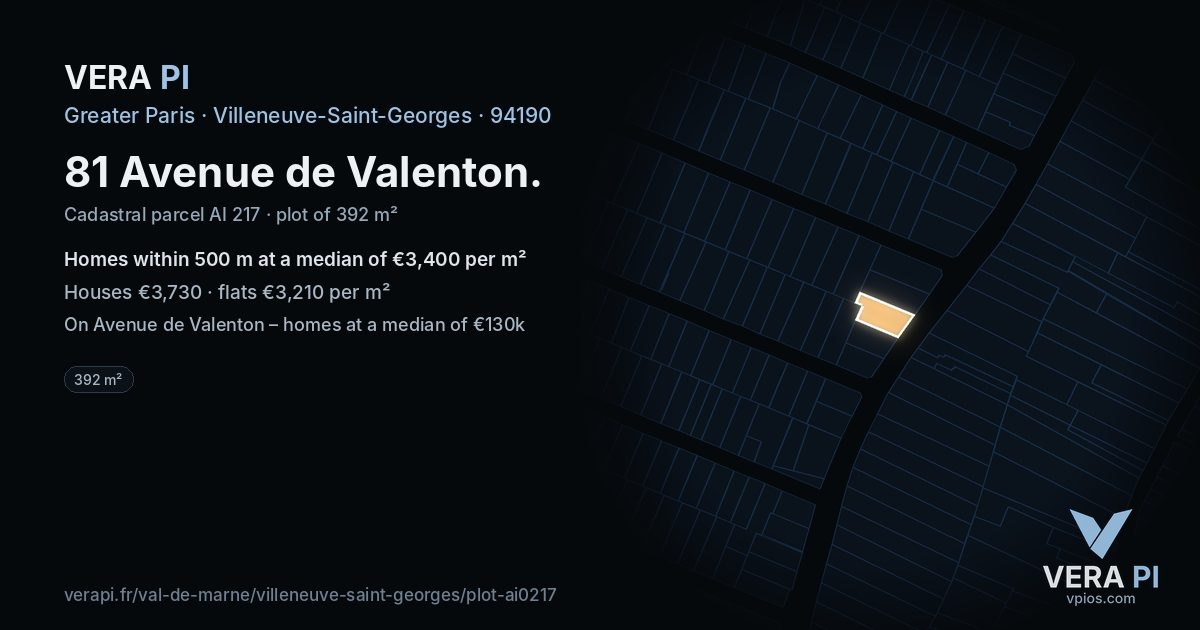 81 Avenue de Valenton, Villeneuve-Saint-Georges at night – the plot lit, the parcels around coloured by the prices near them