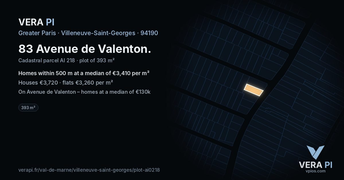 83 Avenue de Valenton, Villeneuve-Saint-Georges at night – the plot lit, the parcels around coloured by the prices near them