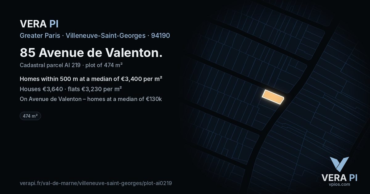 85 Avenue de Valenton, Villeneuve-Saint-Georges at night – the plot lit, the parcels around coloured by the prices near them