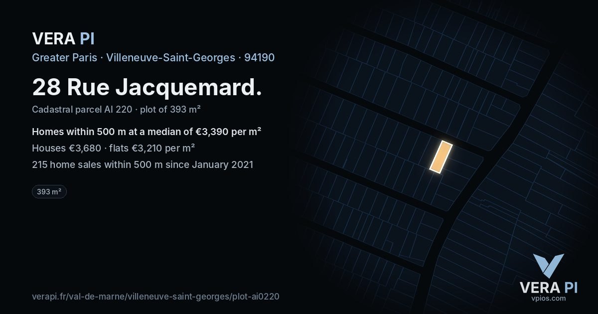 28 Rue Jacquemard, Villeneuve-Saint-Georges at night – the plot lit, the parcels around coloured by the prices near them