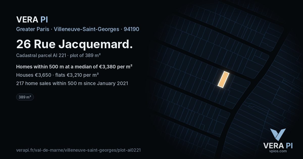 26 Rue Jacquemard, Villeneuve-Saint-Georges at night – the plot lit, the parcels around coloured by the prices near them