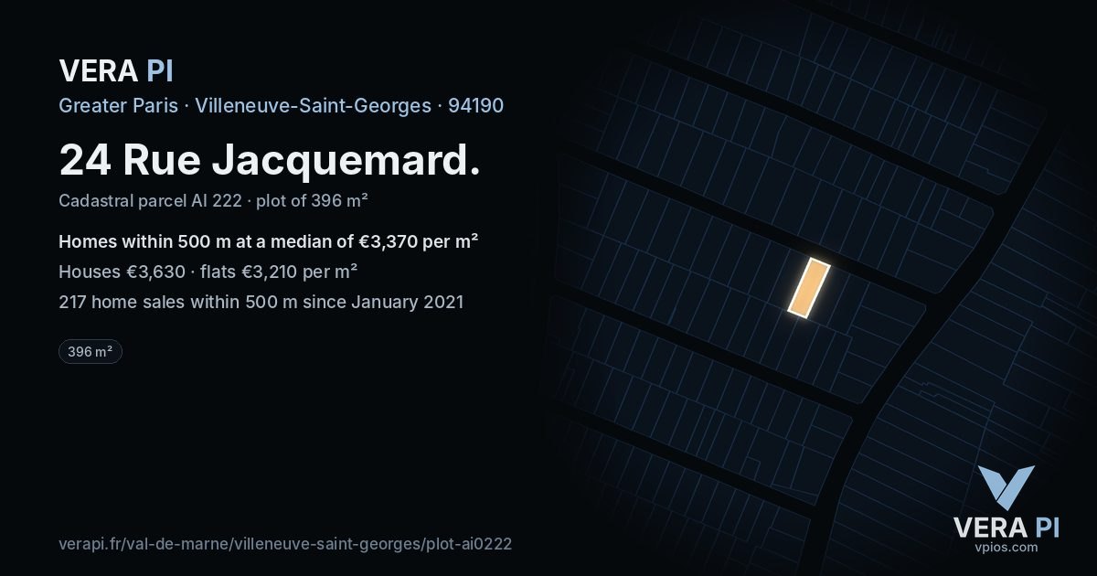 24 Rue Jacquemard, Villeneuve-Saint-Georges at night – the plot lit, the parcels around coloured by the prices near them