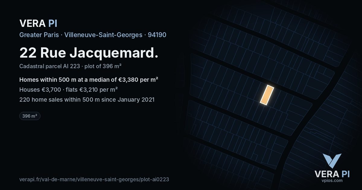 22 Rue Jacquemard, Villeneuve-Saint-Georges at night – the plot lit, the parcels around coloured by the prices near them