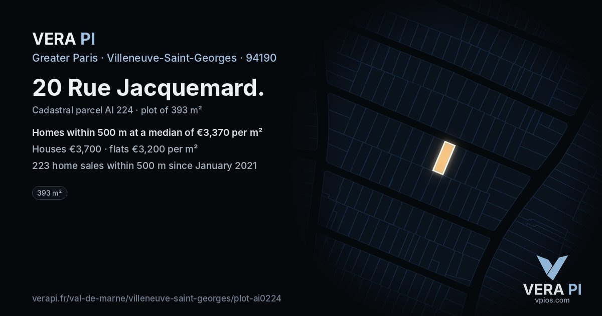 20 Rue Jacquemard, Villeneuve-Saint-Georges at night – the plot lit, the parcels around coloured by the prices near them