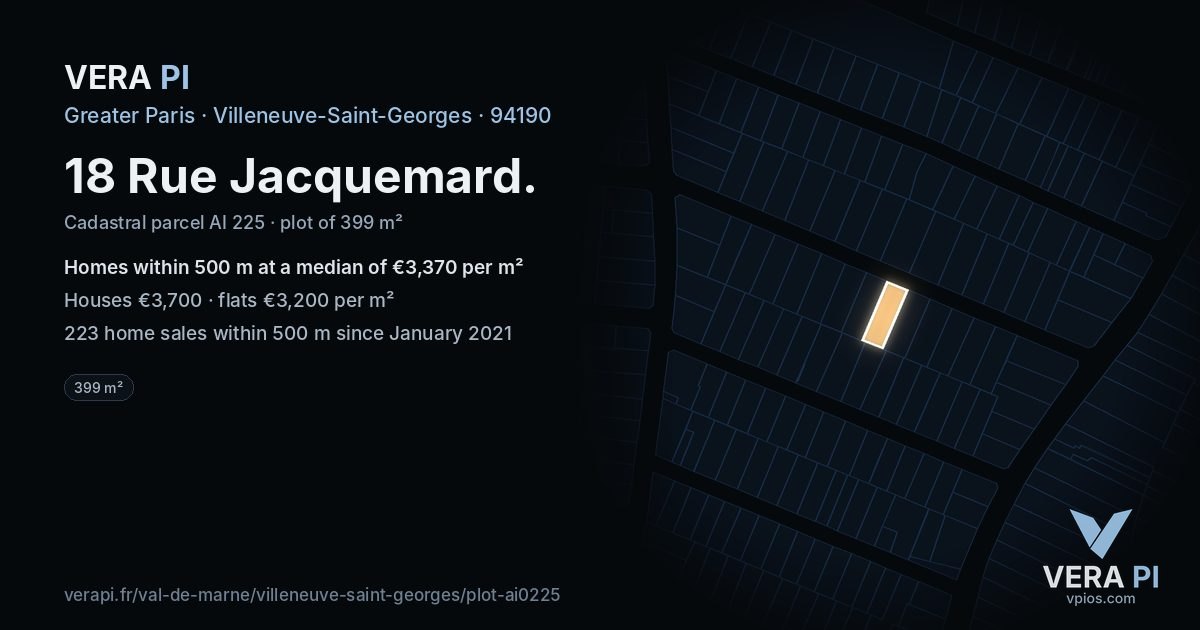 18 Rue Jacquemard, Villeneuve-Saint-Georges at night – the plot lit, the parcels around coloured by the prices near them