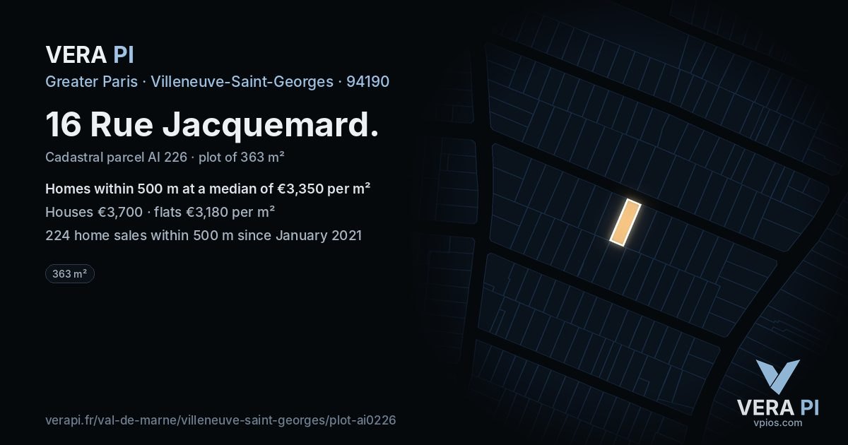 16 Rue Jacquemard, Villeneuve-Saint-Georges at night – the plot lit, the parcels around coloured by the prices near them
