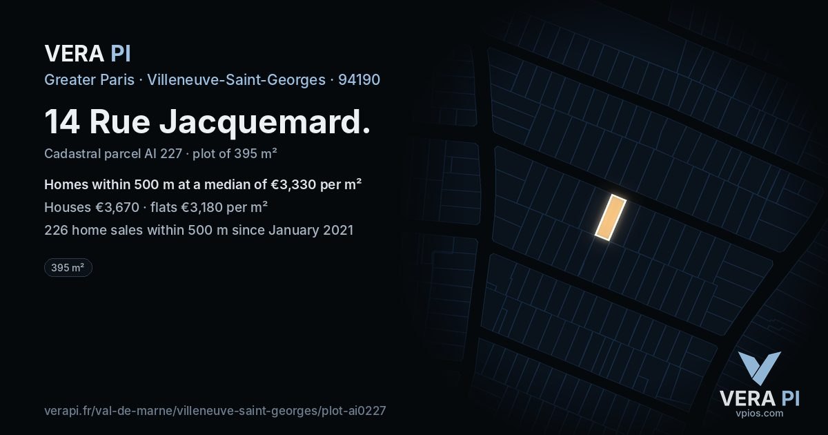 14 Rue Jacquemard, Villeneuve-Saint-Georges at night – the plot lit, the parcels around coloured by the prices near them