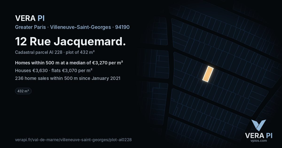 12 Rue Jacquemard, Villeneuve-Saint-Georges at night – the plot lit, the parcels around coloured by the prices near them