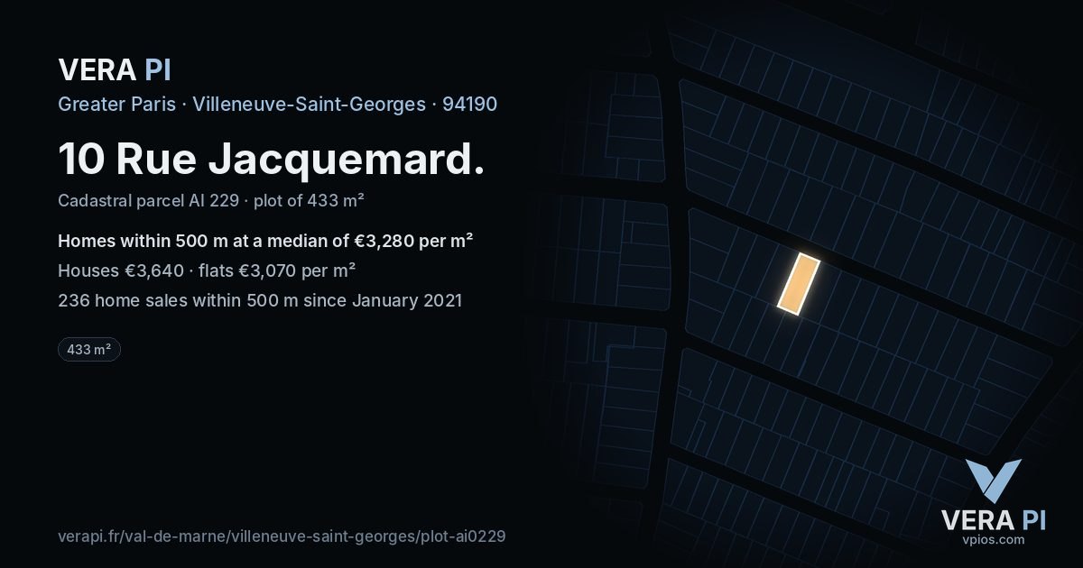 10 Rue Jacquemard, Villeneuve-Saint-Georges at night – the plot lit, the parcels around coloured by the prices near them