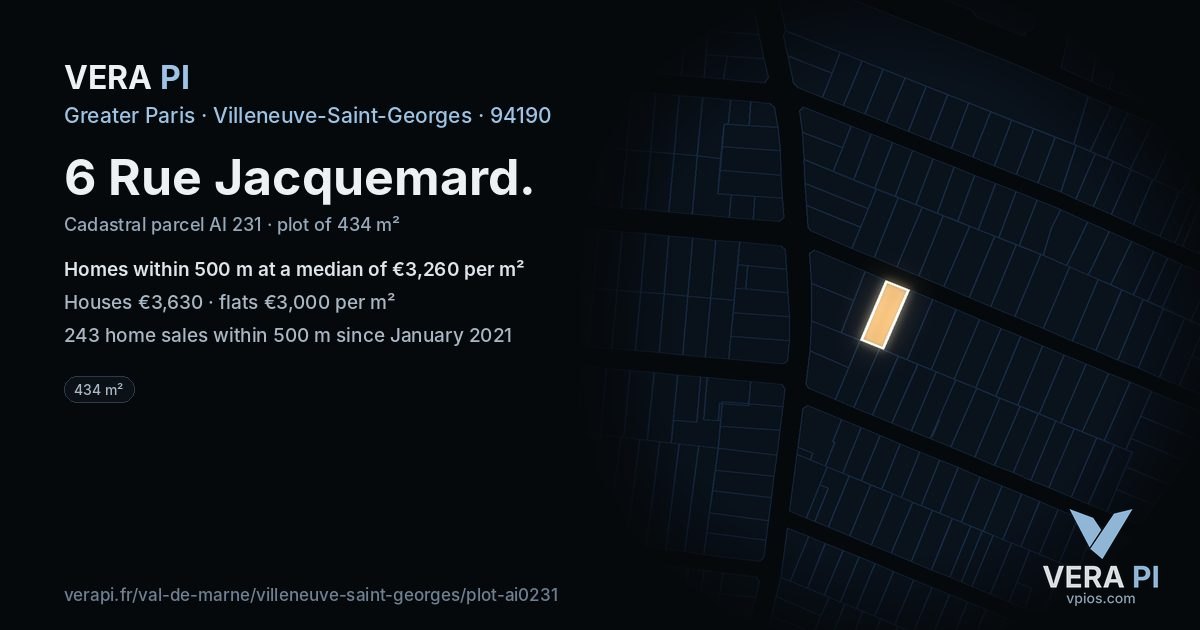 6 Rue Jacquemard, Villeneuve-Saint-Georges at night – the plot lit, the parcels around coloured by the prices near them