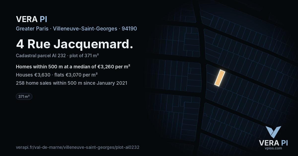 4 Rue Jacquemard, Villeneuve-Saint-Georges at night – the plot lit, the parcels around coloured by the prices near them
