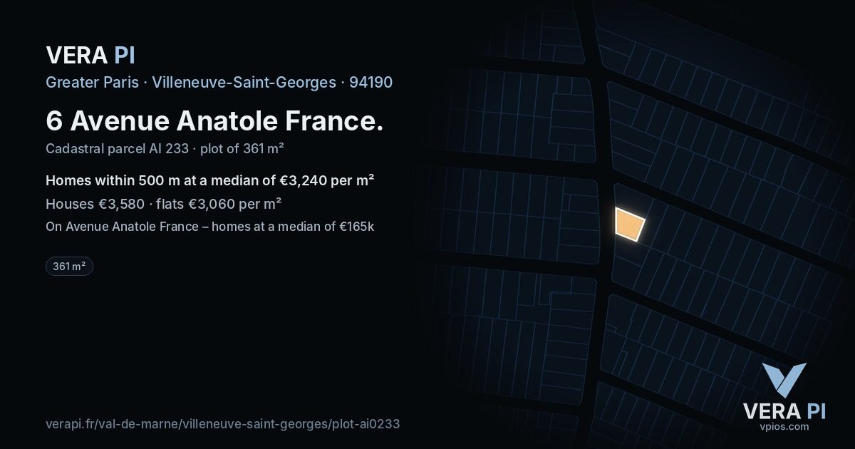 6 Avenue Anatole France, Villeneuve-Saint-Georges at night – the plot lit, the parcels around coloured by the prices near them