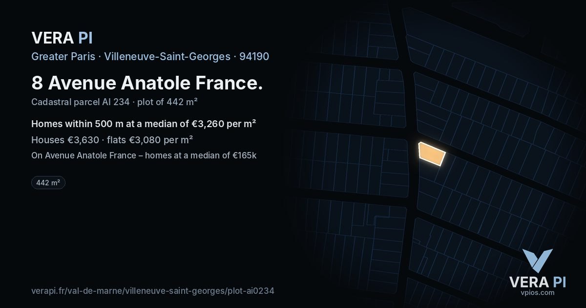 8 Avenue Anatole France, Villeneuve-Saint-Georges at night – the plot lit, the parcels around coloured by the prices near them