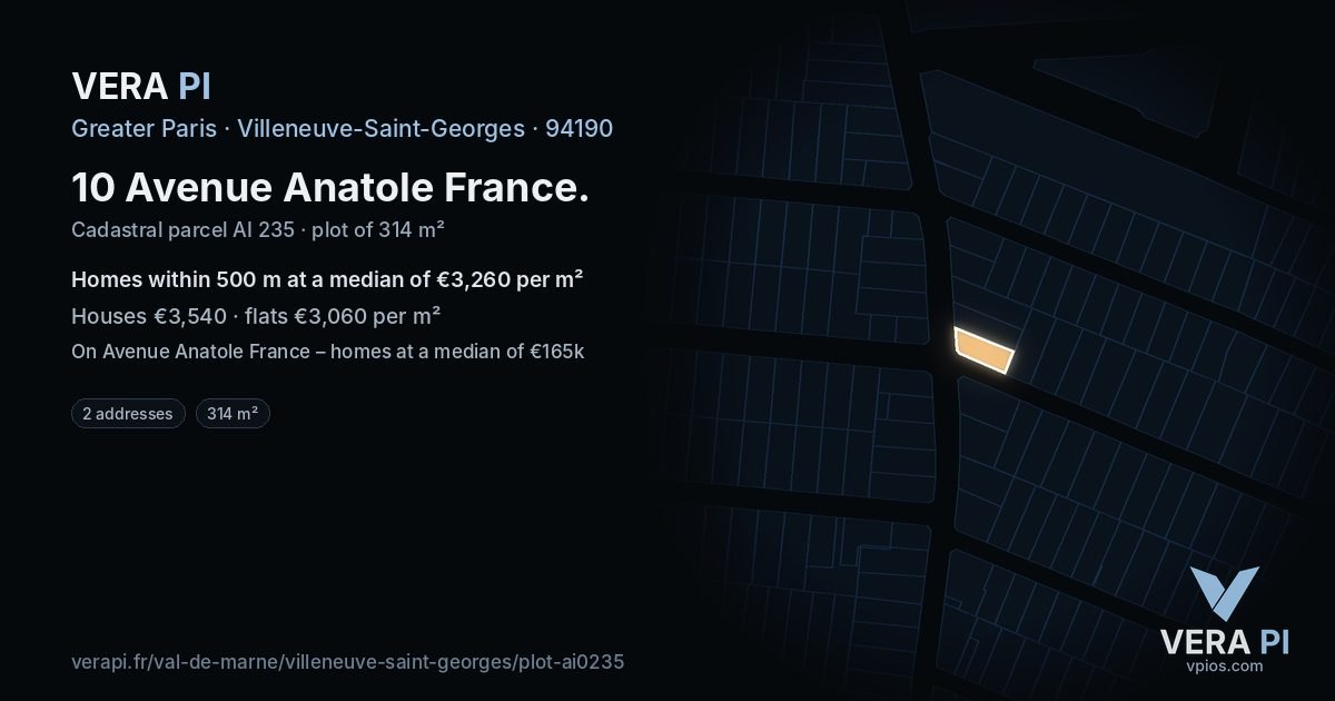 10 Avenue Anatole France, Villeneuve-Saint-Georges at night – the plot lit, the parcels around coloured by the prices near them
