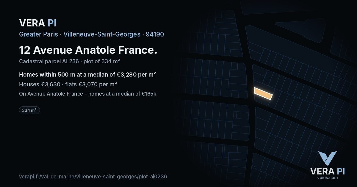 12 Avenue Anatole France, Villeneuve-Saint-Georges at night – the plot lit, the parcels around coloured by the prices near them