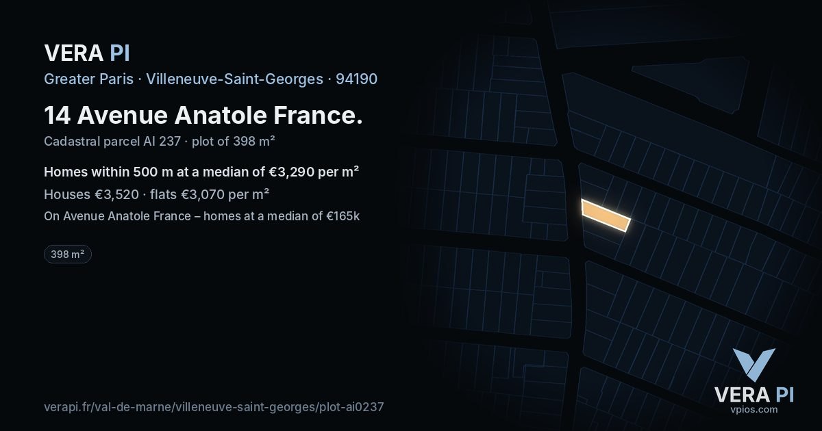 14 Avenue Anatole France, Villeneuve-Saint-Georges at night – the plot lit, the parcels around coloured by the prices near them