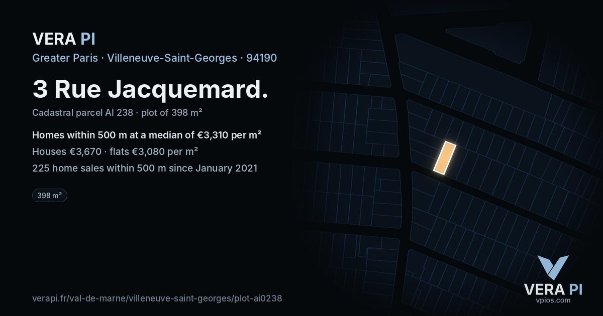 3 Rue Jacquemard, Villeneuve-Saint-Georges at night – the plot lit, the parcels around coloured by the prices near them