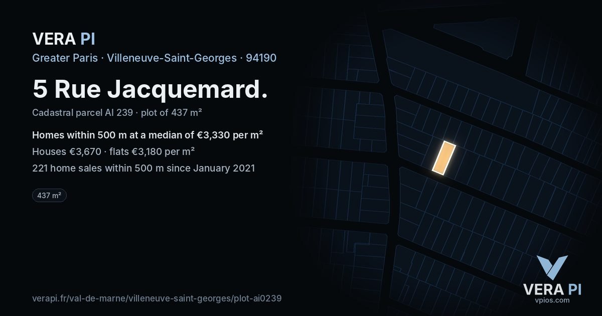 5 Rue Jacquemard, Villeneuve-Saint-Georges at night – the plot lit, the parcels around coloured by the prices near them