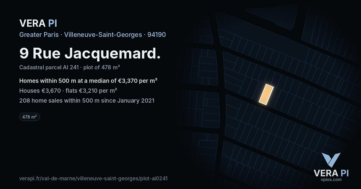 9 Rue Jacquemard, Villeneuve-Saint-Georges at night – the plot lit, the parcels around coloured by the prices near them