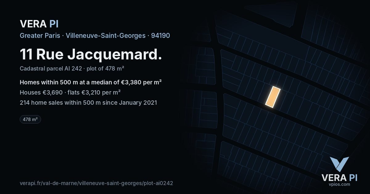 11 Rue Jacquemard, Villeneuve-Saint-Georges at night – the plot lit, the parcels around coloured by the prices near them