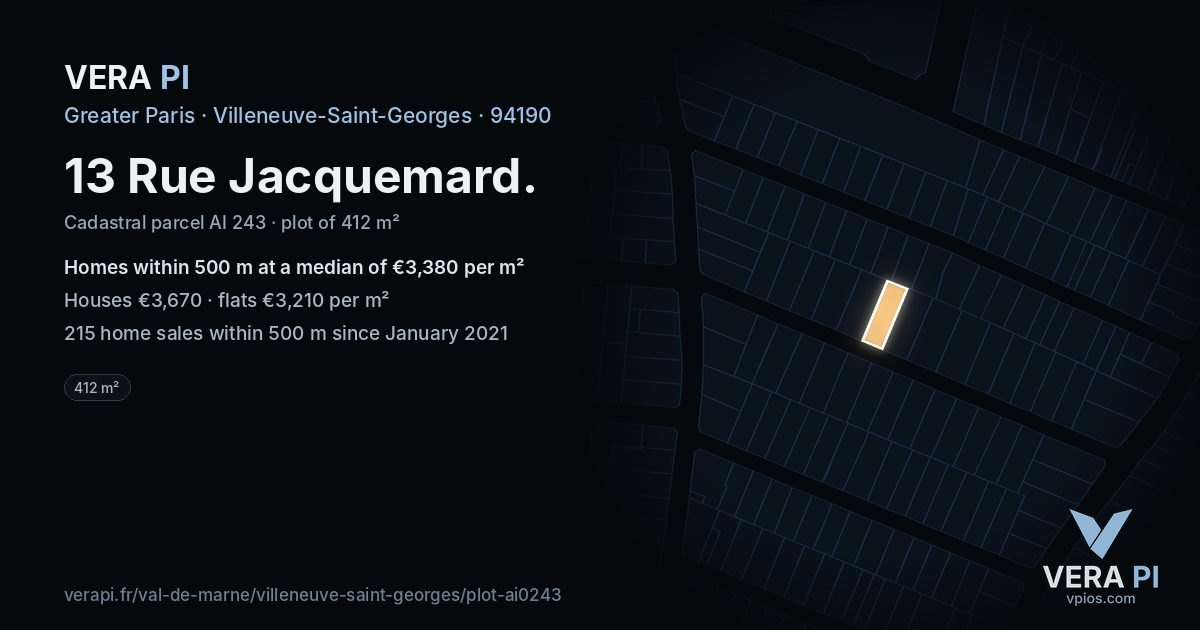 13 Rue Jacquemard, Villeneuve-Saint-Georges at night – the plot lit, the parcels around coloured by the prices near them