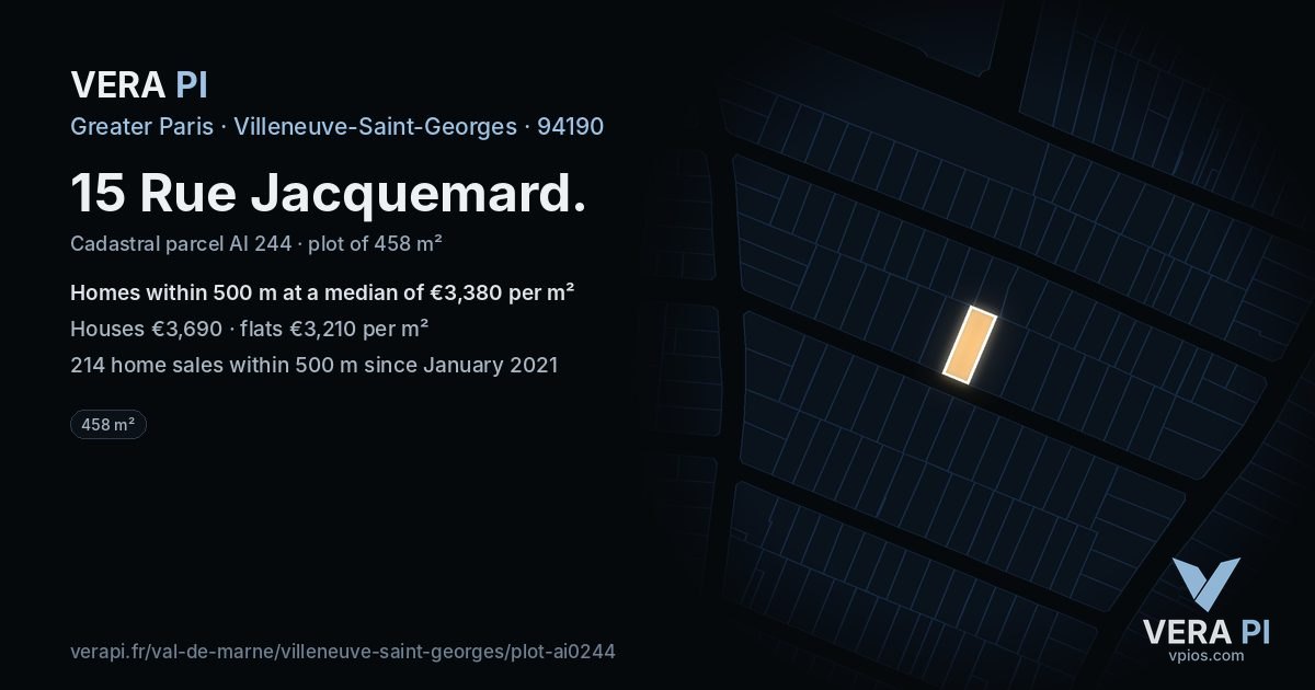 15 Rue Jacquemard, Villeneuve-Saint-Georges at night – the plot lit, the parcels around coloured by the prices near them