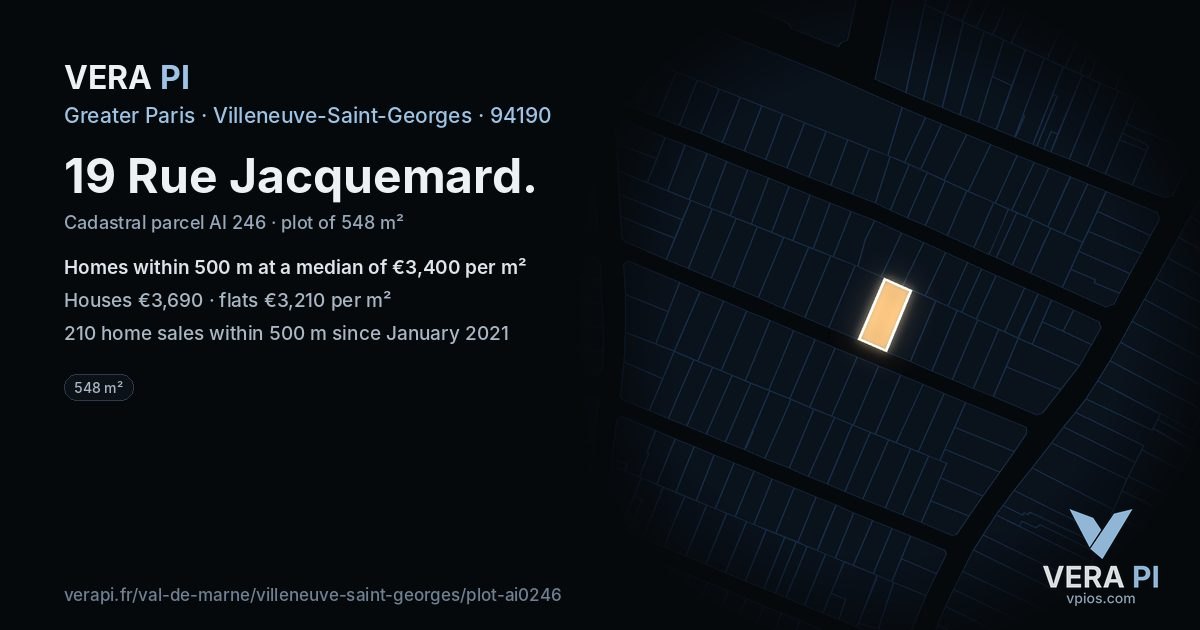 19 Rue Jacquemard, Villeneuve-Saint-Georges at night – the plot lit, the parcels around coloured by the prices near them