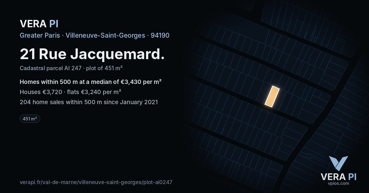 21 Rue Jacquemard, Villeneuve-Saint-Georges at night – the plot lit, the parcels around coloured by the prices near them