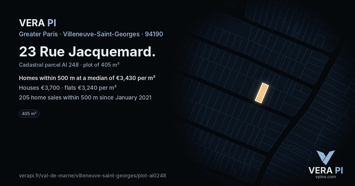 23 Rue Jacquemard, Villeneuve-Saint-Georges at night – the plot lit, the parcels around coloured by the prices near them