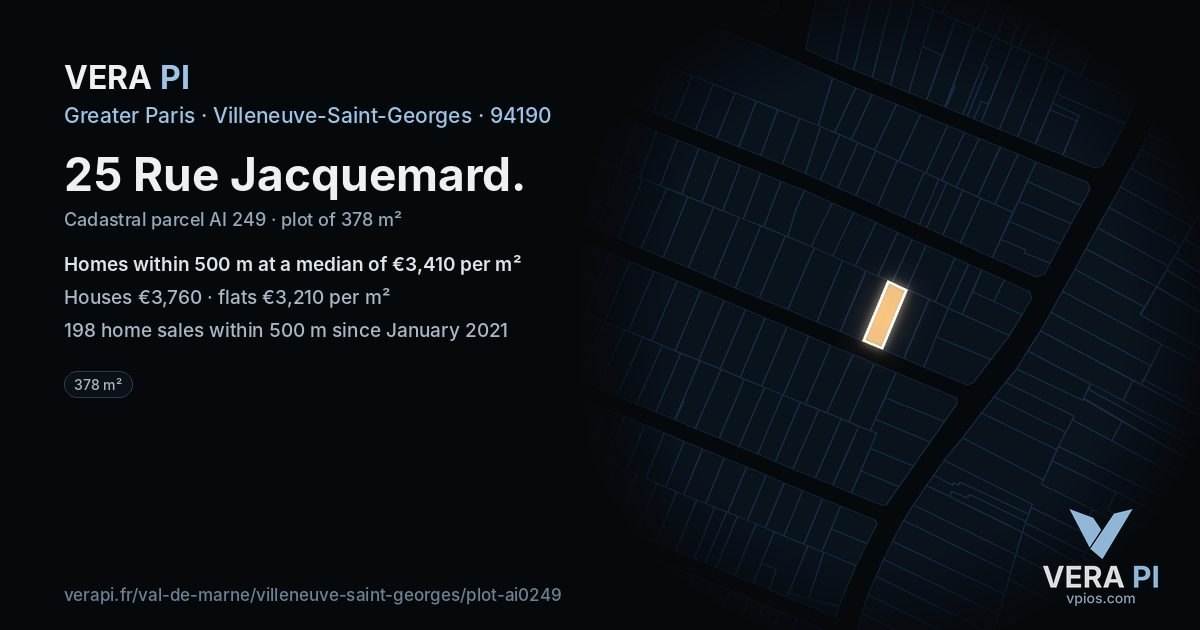 25 Rue Jacquemard, Villeneuve-Saint-Georges at night – the plot lit, the parcels around coloured by the prices near them